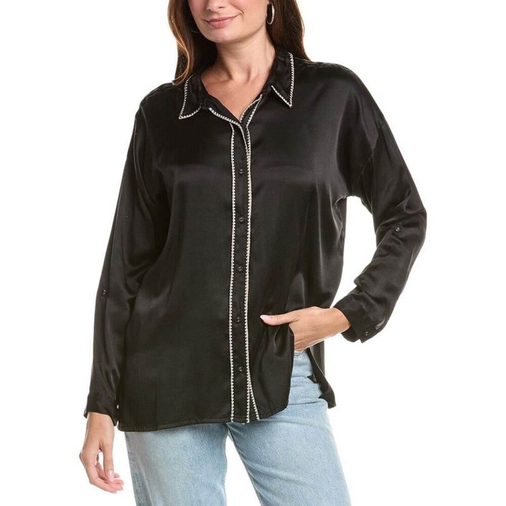 Johnny Was Womens The Slim Audrey Collared Silk-Blend Shirt, Black